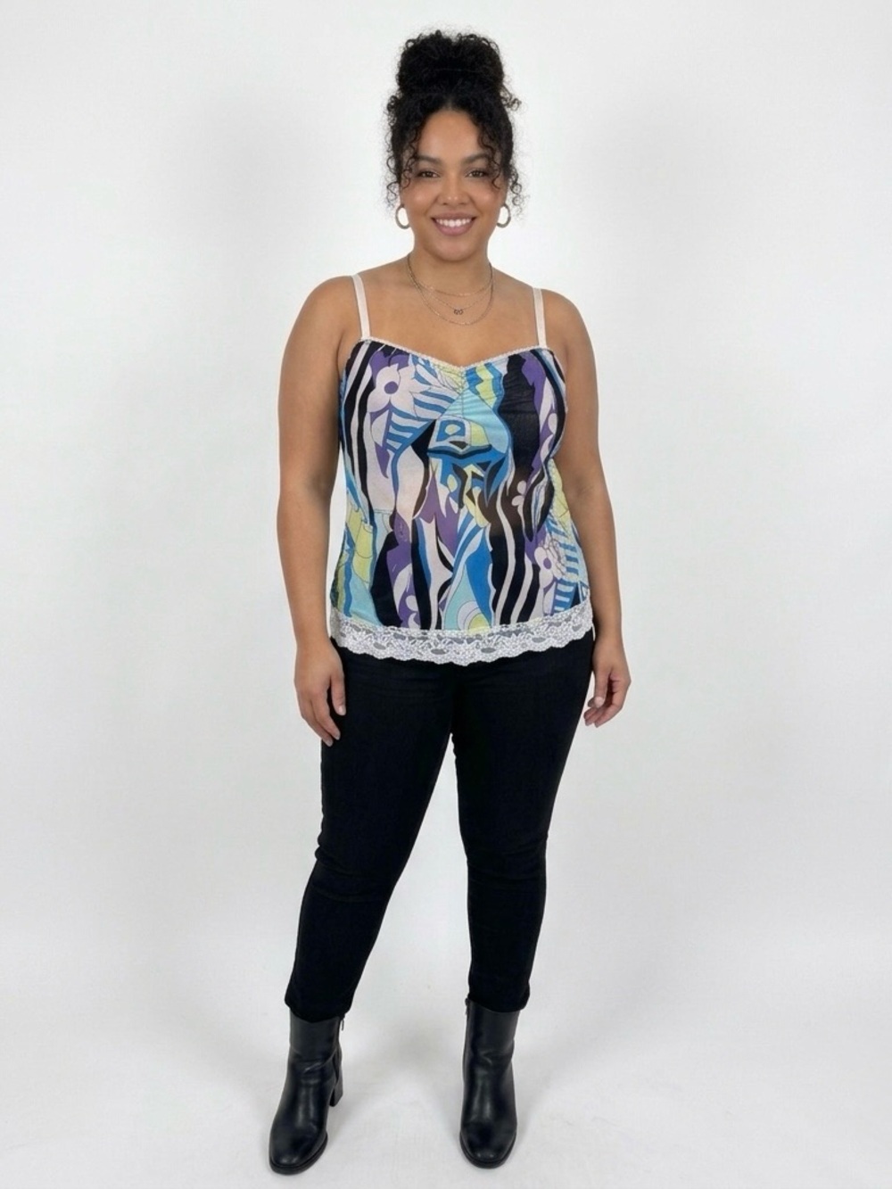 Vtg Baby‎ Phat Y2K Mesh Cami Tank Top Sz 2XL Abstract Print Lace Trim Retro Club